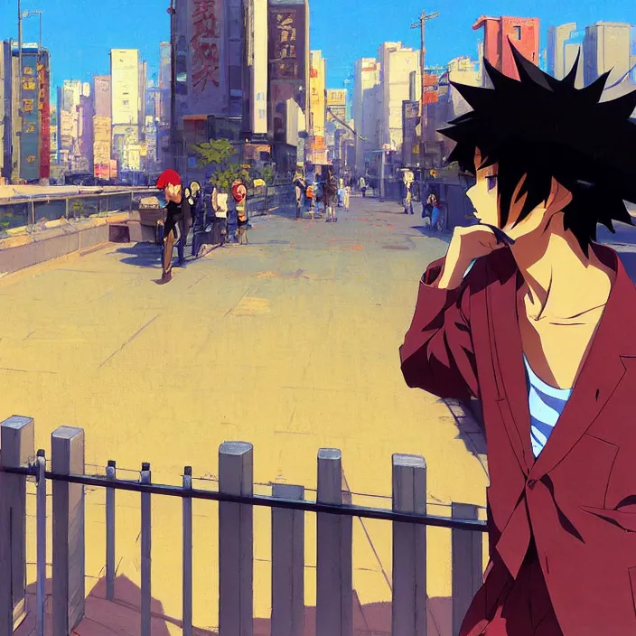 Image similar to front view painting of a stone railing urban japanese city in the background in the style of cowboy bebop, anime style, minimal details, calm, sunny day, bright, artwork by jeremy lipkin and giuseppe dangelico pino and michael garmash and rob rey and greg manchess and huang guangjian and makoto shinkai, sharp edges, simple form, 1 0 0 mm