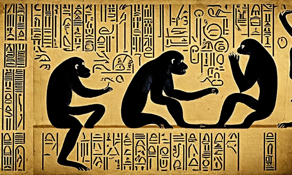 Prompt: Five apes against two millionaires wearing tuxedos. Hieroglyphs.