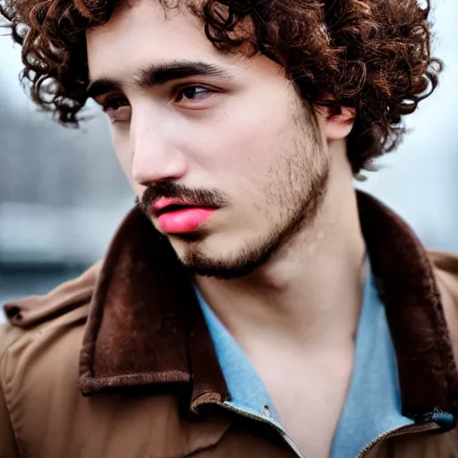 Image similar to man, low - cut curly haircut, nose a little big, broad shoulders, full mouth with pink lips, thick eyebrows, brown eyes, low lighting