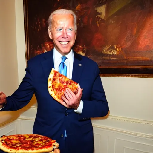 Image similar to joe biden holding a pizza like a newborn baby, award winning candid photography