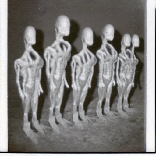 Image similar to polaroid photograph of horrorific alien beings visiting earth, 1 9 5 0