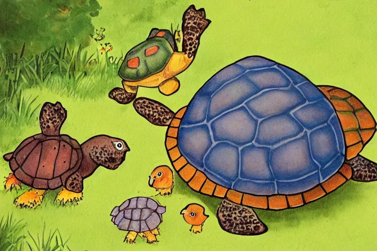 Image similar to turtle and chick, children's book illustration, beautiful