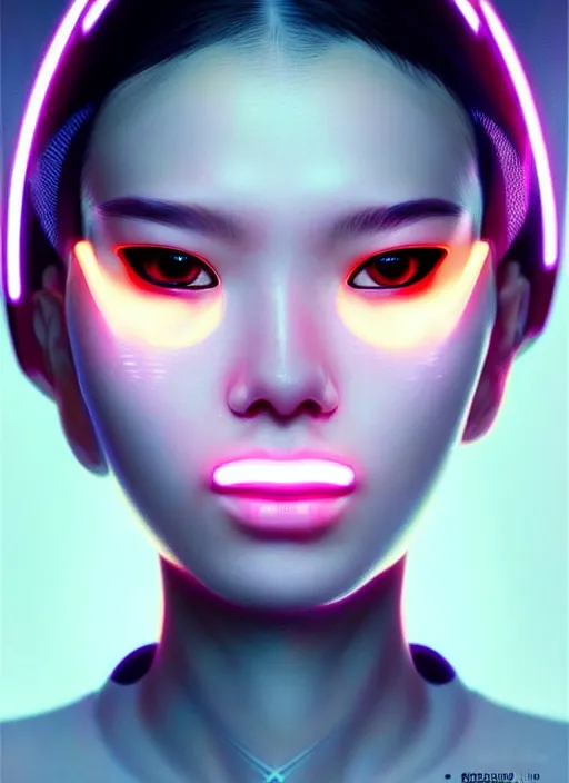 Prompt: photorealistic portrait of futuristic oriental female humanoid with freckle cheeks, cyber neon lightings, cyberpunk high fashion, elegant pose, intricate details, crispy quality, digital photography, trending in artstation, trending in pinterest, no watermark signature, cinematic, 4 k ultra hd, art by artgerm, art by greg rutkowski, art by pascal blanche