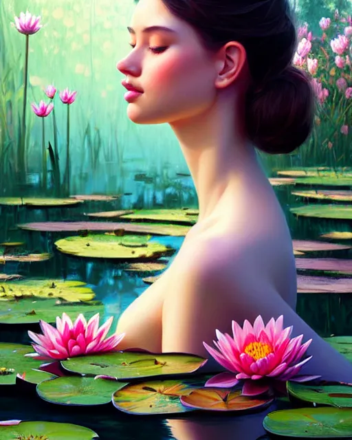 Image similar to stylized portrait of an artistic pose, composition, young lady sorrounded by nature, water lilies, flowers, realistic shaded, fine details, realistic shaded lighting poster by ilya kuvshinov, magali villeneuve, artgerm, jeremy lipkin and michael garmash and rob rey