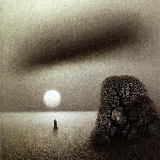 Prompt: Landscape, by Zdzisław Beksiński.