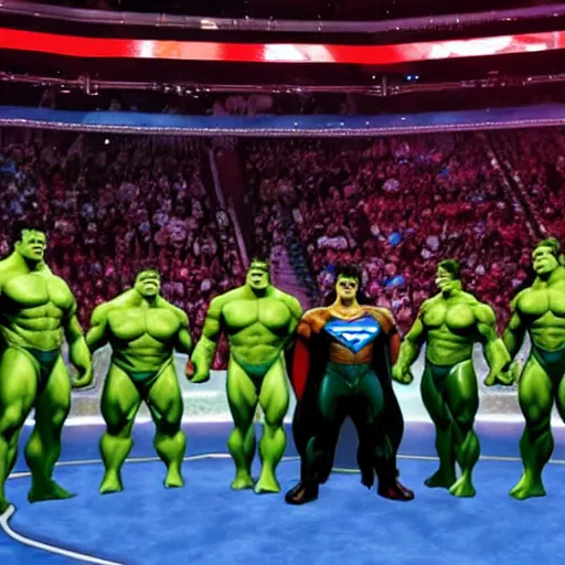 Prompt: supermen and hulk at WWE