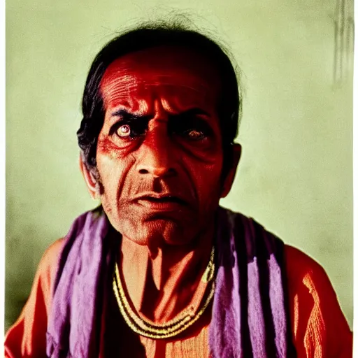 Prompt: expired fuji film photograph portrait still of indian horror film character from tv show from 1 9 6 7, hyperrealism, directed by steven spielberg and satyajit ray
