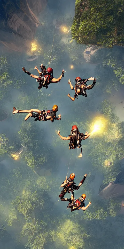 Prompt: downward view of sky divers parachuting downward, Amazon jungle setting, Photorealistic, establishing shot, cinematic lighting, dramatic lighting, atmospheric, realistic, octane render, highly detailed, color graded, matte painting in the style of craig mullins