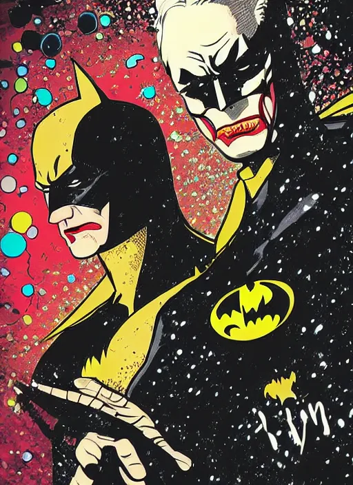 Prompt: batman comic illustration.batman dance with joker， Ben day dots