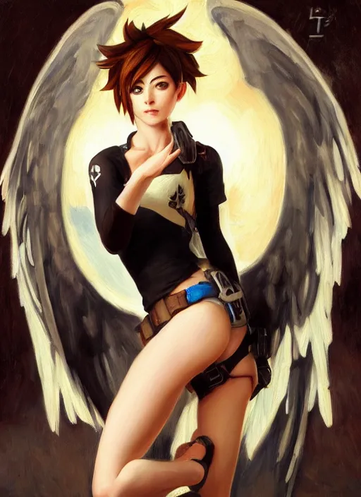 Image similar to oil painting of tracer overwatch in the style of sophie anderson, on knees, angel wings, black outfit, dramatic painting, wearing black choker,