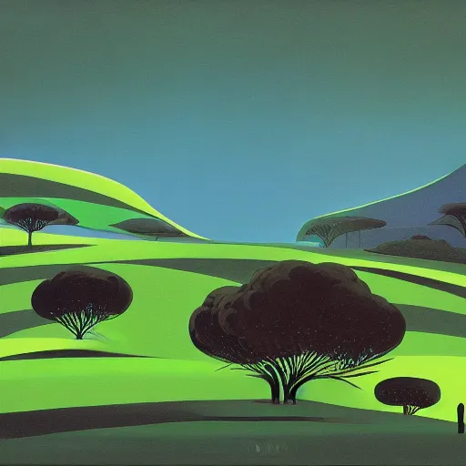 Prompt: painting of Green Hill Zone by Eyvind Earle, concept piece, 1950s, gouache on paper, high quality, vivid color, masterpiece