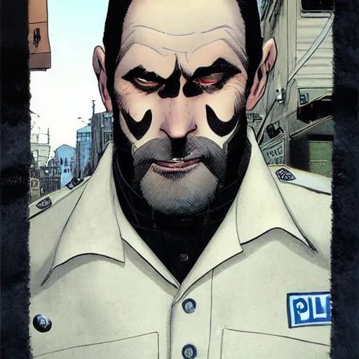 Image similar to portrait of a greying pale vampire police officer with short hair and a patchy beard, close up, grimy streets backdrop, highly detailed, sharp focus, perfect eyes, art by russell dauterman and patrick gleason and stefano caselli and marco checchetto and esad ribic