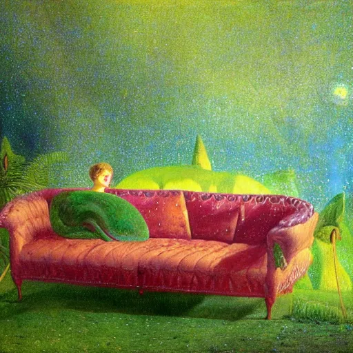 Image similar to psychedelic couch sofa in the lush forest, milky way, designed by arnold bocklin, jules bastien - lepage, tarsila do amaral, wayne barlowe and gustave baumann, cheval michael, trending on artstation, mediterranean, star, sharp focus, colorful refracted sparkles and lines, soft light, 8 k 4 k