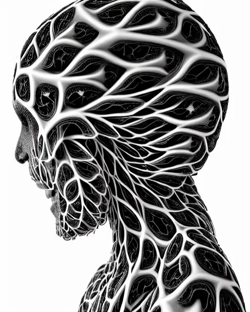 Image similar to a contrasted black and white 3D render of a beautiful female vegetal-dragon-cyborg, 150 mm, orchid stems, ivy, fine lace, Mandelbrot fractal, anatomical, flesh, facial muscles, microchip, veins, arteries, full frame, microscopic, elegant, highly detailed, flesh ornate, elegant, high fashion, rim light, octane render in the style of H.R. Giger and Man Ray