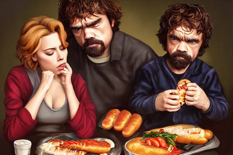 Image similar to portrait of peter dinklage sharing hotdogs with scarlett johansson, an oil painting by ross tran and thomas kincade