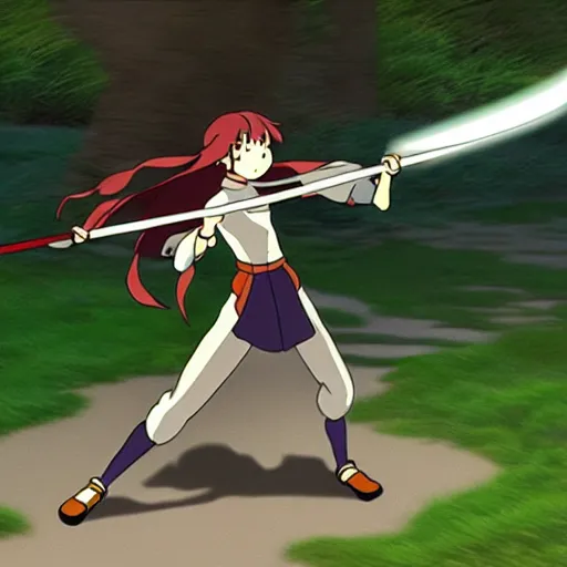 Prompt: a warrior swinging her sword in a full arc, motion blur, studio ghibli