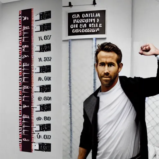 Prompt: photo of Ryan Reynolds in prison outfit getting, handcuffed, getting picture taken in front of a height chart in prison, highly detailed, high quality, HD, 4k, 8k, Canon 300mm, professional photographer, 40mp, lifelike, top-rated, award winning, realistic, sharp, no blur, edited, corrected, trending