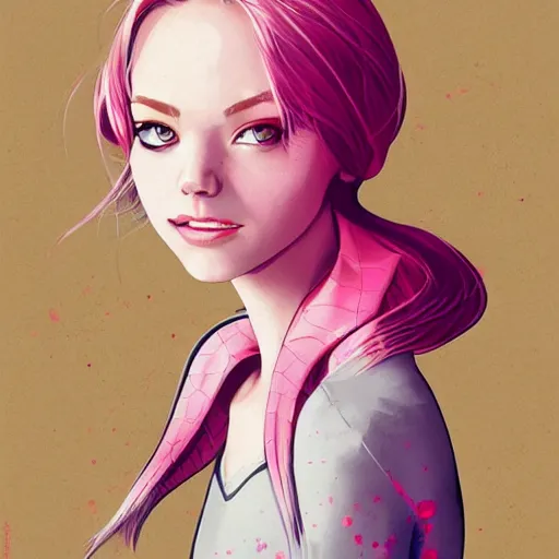 Image similar to girl portrait, Spider-woman gwen stacy, head and shoulders, matte print, pastel pink, digital art, cute freckles, digital painting, fan art, elegant, pixiv, by Ilya Kuvshinov, daily deviation, IAMAG