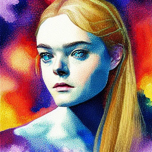 Prompt: professional painting of Elle Fanning in Metal Gear Solid in the style of Henri-Edmond Cross, head and shoulders portrait, symmetrical facial features, smooth, sharp focus, illustration, intricate, stormy weather, extremely detailed masterpiece,