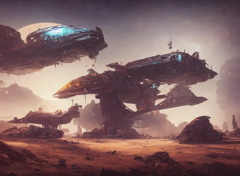 Image similar to colossal crashed dieselpunk space ship on desert planet by peter mohrbacher, firefly, unreal engine 5, extreme detail, hyper realism, realistic shading, cinematic composition, realistic render, octane render, detailed textures, photorealistic, colorful, raytracing