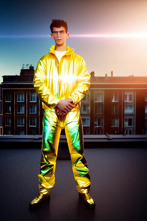 Image similar to un ultra high definition studio quality photographic art portrait of a young man standing on the rooftop of a british apartment building wearing soft inflatable padded iridescent fresnel refractive clothing. three point light. extremely detailed. golden ratio, ray tracing, volumetric light, shallow depth of field. set dressed.