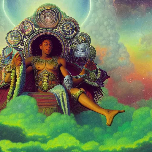 Prompt: obatala the cosmic god sitting on a throne of nebula clouds, by Adi granov and thomas blackshear and afarin sajedi, matte painting, orisha, 8k, hd