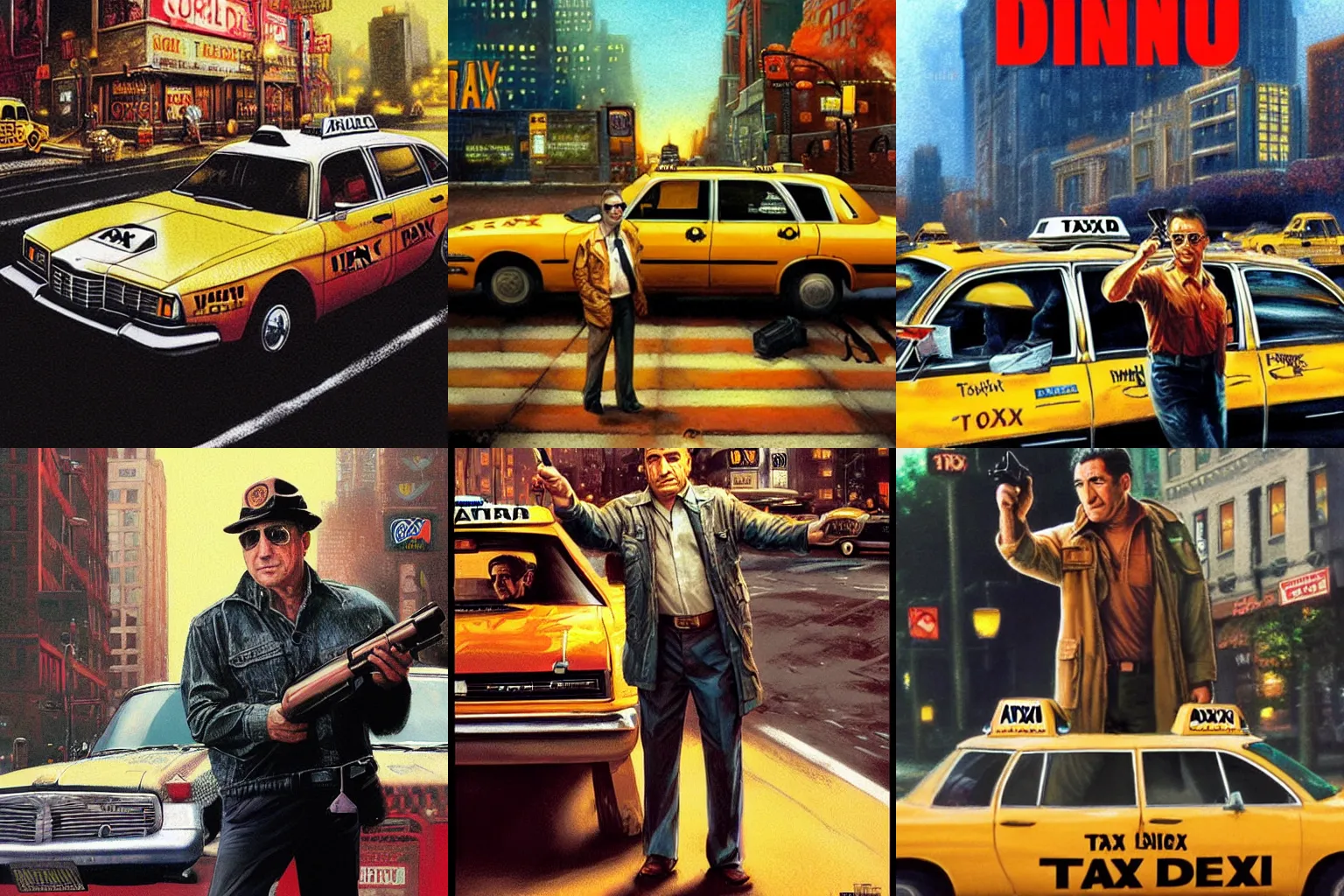 Prompt: Taxi Driver poster artwork by Michael Whelan Rendering of Robert Deniro aiming a handgun from his cab, full of details by thomas kinkade, Matte painting, trending on artstation