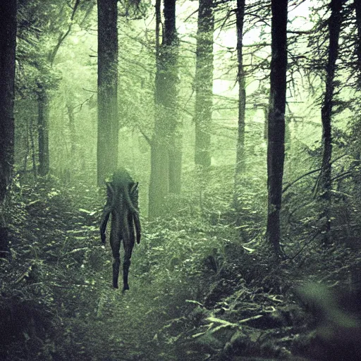 Image similar to nighttime trail-cam photo of an alien in the forest