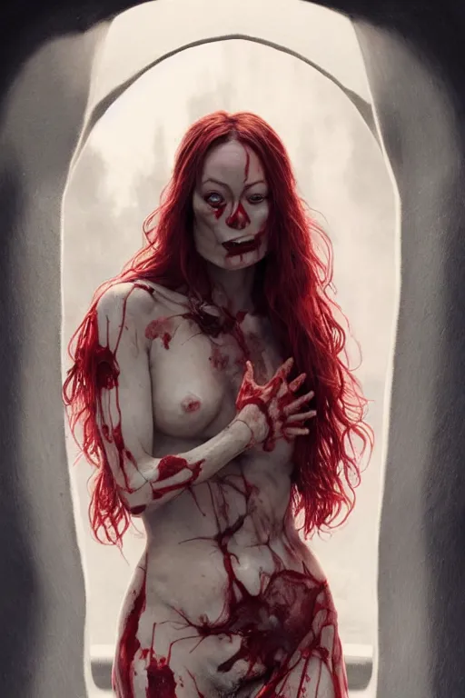 Prompt: pale woman covered with blood, olivia wilde face!!!, red hair, skeleton tattoo!, ultra realistic, concept art, intricate details, highly detailed, 4 5 mm. photorealistic, octane render, 8 k, unreal engine. film still, heavy grain, 3 5 mm, art by artgerm and greg rutkowski and alphonse mucha