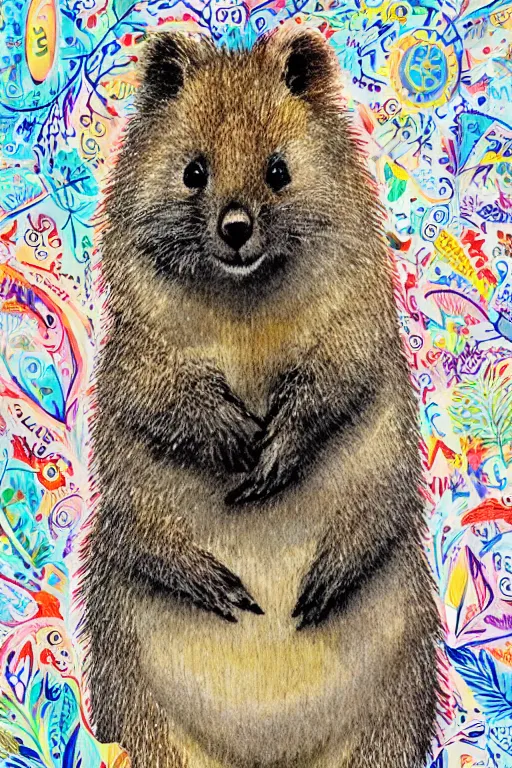 Image similar to detailed illustration, a portrait of a happy quokka on a white background, may gibbs, layered composition, layers, texture, textured, layered, sculpted, dynamic,