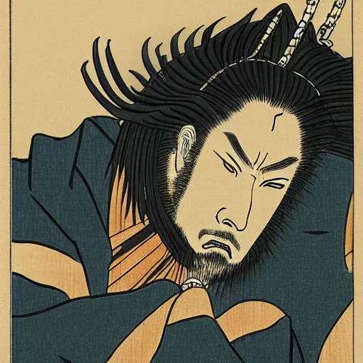 Image similar to by hokusai, samurai man vagabond, the samurai holds chains, detailed, matte print, concept art, ink style, sketch, digital 2 d