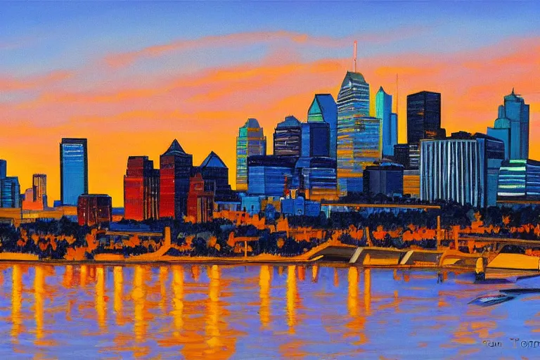 Image similar to winnipeg skyline, sunset, painting by tom thompson, group of seven, 4 k