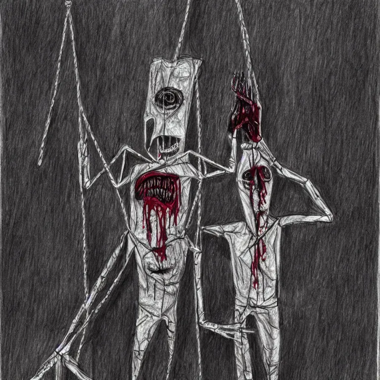 Prompt: a marionette puppet hanging limp with blood running from his eyes, 2 d sketch in pen, highly detailed, horror themed, stark light and shadows