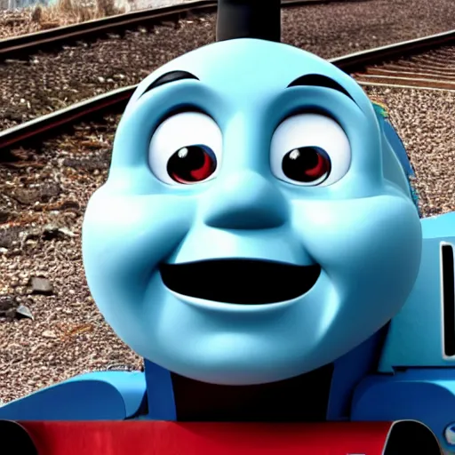 Image similar to the most smug, insane, evil, satanic looking Thomas the tank, ultra realistic 4k rendered in redshift