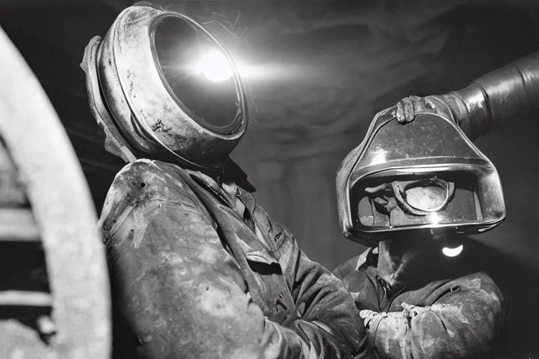 Image similar to welder wearing welding mask hiding in a sewage pipe, ominous lighting, by richard avedon, tri - x pan stock