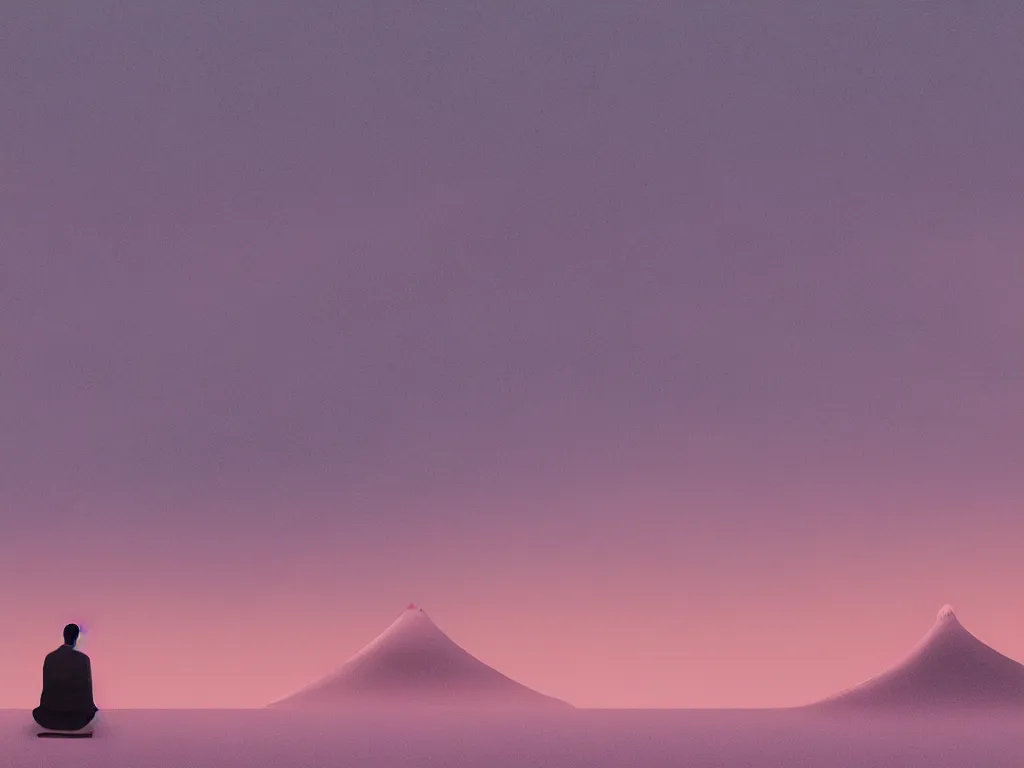 Image similar to lone japanese edo samurai sitting meditating in the middle of a soft glow pink desert with snow mountains and cloudy skies, long exposure, detailed, hyper realistic, photorealism, landscape, ultra wide angle view, peaceful, cinematic, volumetric lighting, god ray