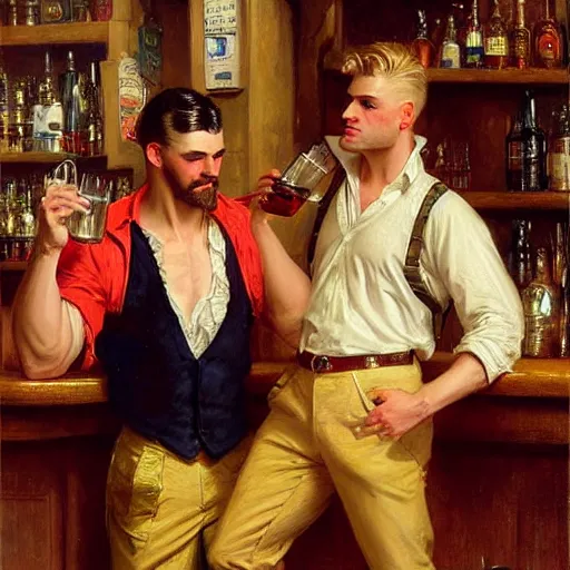 Image similar to attractive maculine male with brunet hair and attractive masculine male with blond hair. pants and shorts, drinking their hearts out, in a pub. highly detailed and very defined painting by j. c. leyendecker, gaston bussiere, craig mullins 8 k