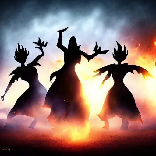 Image similar to a group of shadow creature sillhouettes with a fireball exploding behind them, fantasy art, 4k, HDR, photorealistic, 8k by bekinski