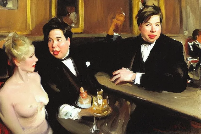 Prompt: michael mcintyre and 2 blonde ladies dacncing in bar by john singer sargent