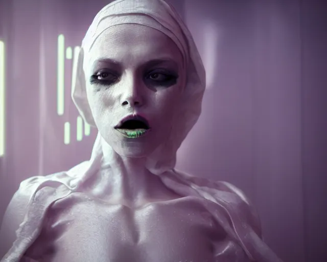 Image similar to a film still of a synthetic female human wrapped in white cloth, mouth agape, tribal facepaint, in neotokyo, cinematic lighting, high resolution, 4 k