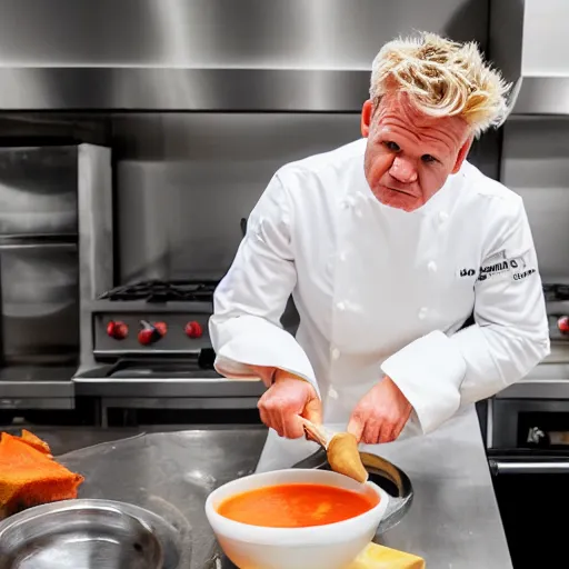 Prompt: Gordon ramsay making soup in a toilet