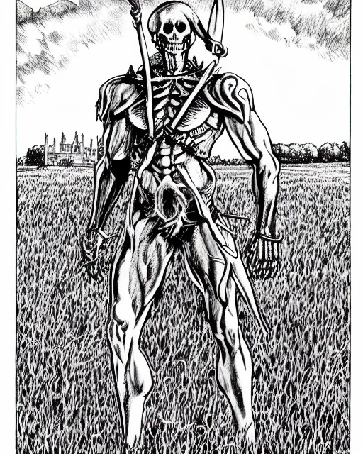 Image similar to an illustration of skeletor, full body, standing in a field, castle in the background, pen-and-ink illustration, etching, by Russ Nicholson, DAvid A Trampier, larry elmore, 1981, HQ scan, intricate details