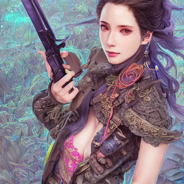 Image similar to the portrait of lawful neutral semi - colorful female hunter socialite as absurdly beautiful, gorgeous, elegant, young gravure idol, an ultrafine hyperdetailed illustration by kim jung gi, irakli nadar, intricate linework, bright colors, octopath traveler, final fantasy, unreal engine 5 highly rendered, global illumination, radiant light, detailed and intricate environment