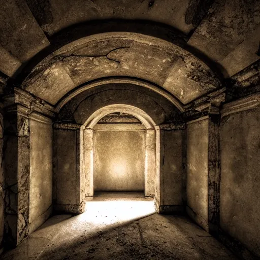 Prompt: A photo inside of an ancient crypt, moody cinematic lighting, abandoned, 4k