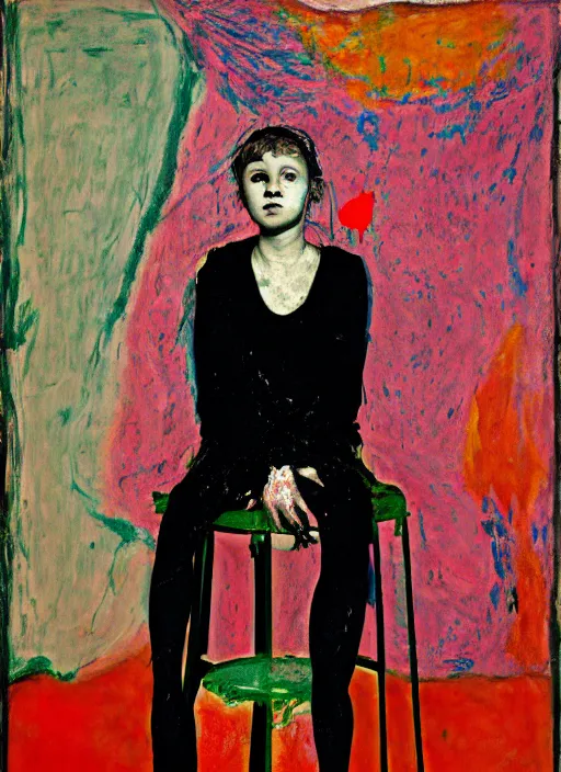 Image similar to portrait of a 1 5 year old girl cabaret actress sitting on a stool, by vincent lefevre and hernan bas and pat steir and hilma af klint, psychological, photorealistic, symmetrical face, dripping paint, washy brush, threads, rendered in octane, altermodern, masterpiece