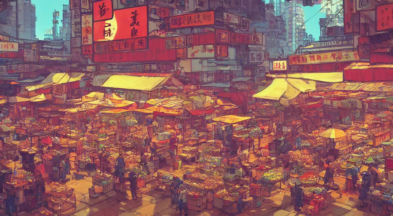 Image similar to a market in hong kong painting stylized digital illustration video game icon global illumination ray tracing neon that looks like it is from borderlands and by feng zhu and loish and laurie greasley, victo ngai, andreas rocha, john harris