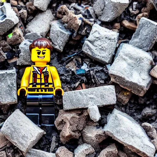 Image similar to A burned Lego figure in rubble,