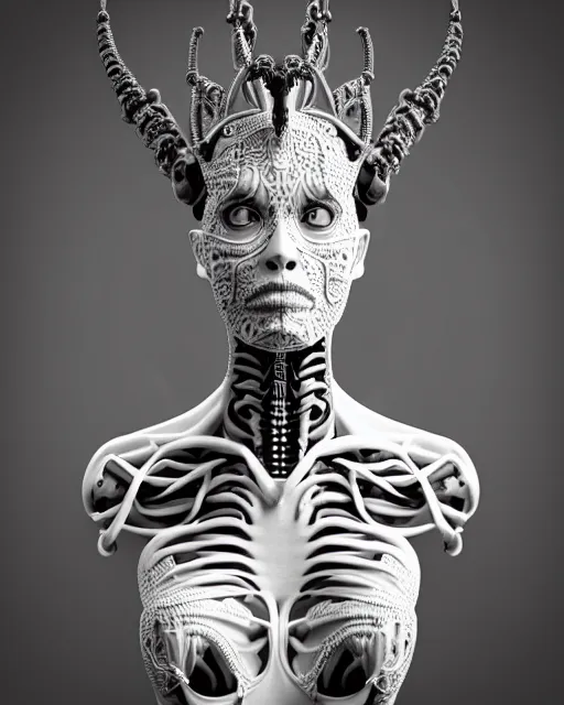 Image similar to a black and white 3D render of a young beautiful female queen-dragon-cyborg bust with a very long neck and Mandelbrot fractal face, Mandelbrot fractal skin, flesh, anatomical, facial muscles, veins, arteries, elegant, highly detailed, flesh highly baroque ornate, hair are cable wires, elegant, high fashion, rim light, octane render, in the style of H.R. Giger, Realistic, Refined, Digital Art, Highly Detailed, Cinematic Lighting, rim light, black and white, photo-realistic, 8K