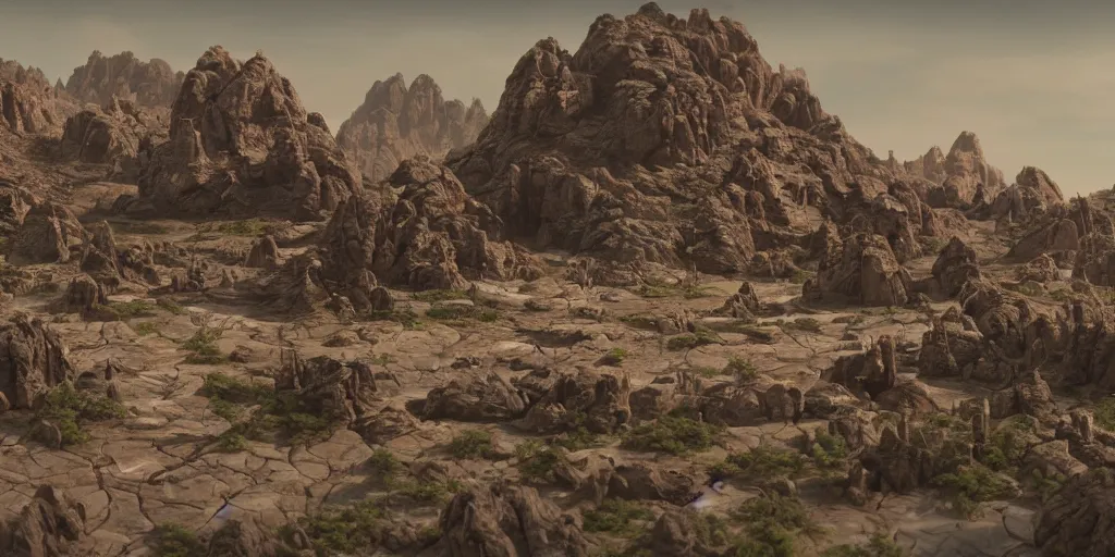 Image similar to flat surface, sci-fi rocky terrain environment in the style of a miniature movie sets and 1980s matte paintings by Lucasfilm ultra realistic, 4K, movie still, UHD, sharp, detailed, cinematic, render, star wars, star trek, 1970s