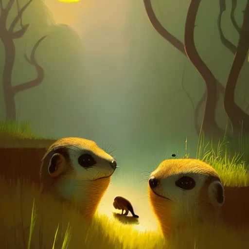 Image similar to goro fujita ilustration a beautiful meerkat walking calmly through a rain forest with the first rays of sun by goro fujita, painting by goro fujita, sharp focus, highly detailed, artstation